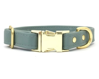 Grey Dog Collar in Vegan Silicone Leather With Luxury Brass Buckle, Sage Grey Dog & Puppy Collar, Strong and Waterproof Dog Collar UK