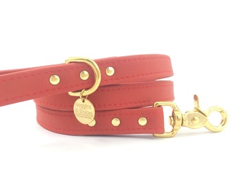 Red Dog Lead in Vegan Silicone Leather & Luxury Solid Brass, Red Puppy Lead, Waterproof and Stink Proof Lead, Eco Dog Lead, Made in UK