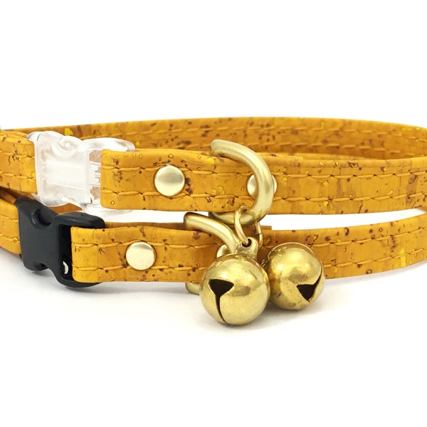 Yellow Cat Collar in Vegan Cork Leather With Breakaway Safety Buckle & Solid Brass Bell, Mustard Yellow Cat Collar, Luxury Cat Collar UK