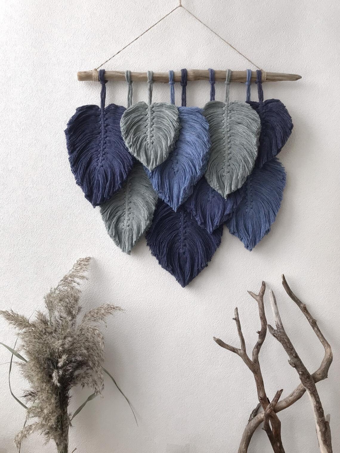 Large Blue Feathers Macrame Wall Hanging Home Etsy