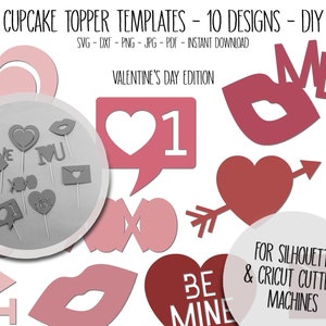 Valentine&#39;s Day Cupcake Toppers, Heart Shaped Templates, DIY, Birthday Cupcake Toppers, Party Decorations, Party Printable, Love, SVG, DXF