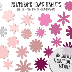 28 plantillas de flores de papel mini cortadas, plantillas SVG, Shadowbox, flores de decoración de pasteles, archivos de corte de flores de papel PDF, svg floral, silueta Cricut