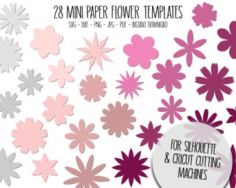 28 modelos de flores de papel mini cortados, modelos SVG, Shadowbox, flores de topo de bolo, arquivos de corte de flores de papel PDF, SVG floral, silhueta Cricut