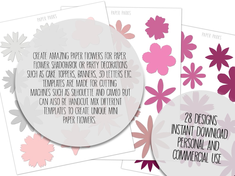 May include: A set of 28 printable paper flower templates in various colors, including pink, purple, and gray. The templates are designed for cutting machines such as Silhouette and Cameo, but can also be hand-cut. The text on the image reads "Create amazing paper flowers for paper flower shadowbox or party decorations such as cake toppers, banners, 3D letters etc. Templates are made for cutting machines such as Silhouette and Cameo but can also be handcut. Mix different templates to create unique mini paper flowers. 28 designs instant download personal and commercial use."