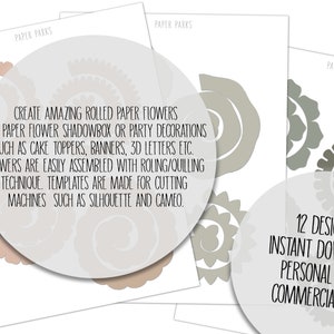 May include: Paper flower templates in various shades of brown and gray, with the text "Create Amazing Rolled Paper Flowers" and "12 Designs Instant Download Personal and Commercial Use." The templates are designed for cutting machines.
