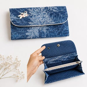 May include: A rectangular blue wallet featuring a white fern-like botanical pattern and a small astronaut enamel pin on the flap. The interior is lined with blue fabric with white polka dots and includes multiple card slots and a zippered pocket.