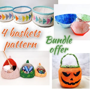 Puede incluir: Un paquete de oferta para cuatro patrones de costura de cestas de tela diferentes. Los patrones incluyen una cesta con forma de calabaza, una cesta redonda con un diseño geométrico azul y blanco, y dos cestas más con diferentes patrones. El texto "4 patrones de cestas Oferta de paquete" se muestra en la imagen.
