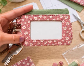 Patrón de costura en PDF para cartera de tarjetas, cartera para identificación con ventana transparente, monedero con cremallera y ranuras para tarjetas, patrón para cartera con llavero, videotutorial.
