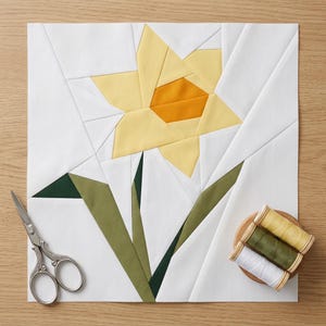 Könnte beinhalten: Ein quadratischer, weißer Stoffblock mit einem geometrischen Narzissen-Design in Gelb und Orange. Grüne Blätter und Stiel erstrecken sich von der Blume. Eine Schere und drei Garnrollen in Weiß, Gelb und Grün liegen auf einer Holzoberfläche.