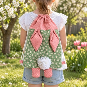 Patrón de costura en PDF para mochila de conejito, bolso infantil con cordón, orejas y cola de pompón, bolso de conejito de Pascua, mochila de conejo para niños pequeños.