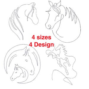 Può includere: Quattro disegni di cavalli in linea nera su sfondo bianco. L'immagine include il testo "4 sizes 4 Design" in rosso. I disegni dei cavalli includono un profilo, una vista laterale, una madre e il suo puledro e un cavallo rampante.