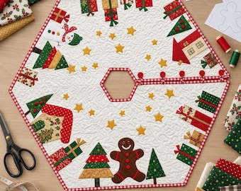 Christmas Tree Skirt Pattern PDF, Quilted Hexagon Applique Tree Skirt Sewing Pattern, Gingerbread Snowman Gifts, 2 Sizes 70cm 90cm