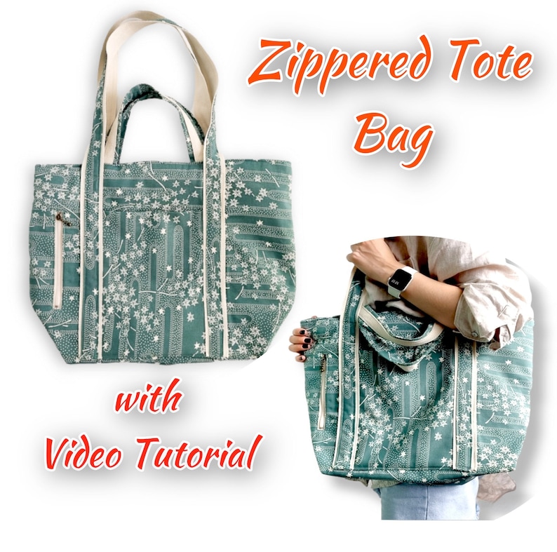 Zippered Tote bag pattern with 2 pockets image 1