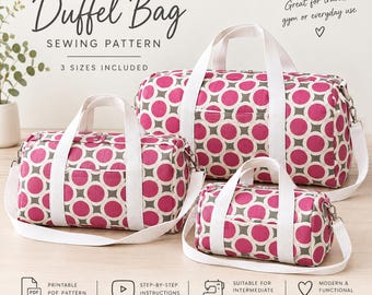 May include: Three duffel bags in three sizes featuring a pink and gray geometric circle pattern with white fabric handles and shoulder straps. The text reads: Professional Duffel Bag Sewing Pattern, 3 Sizes Included, Simple design, Great for travel, gym or everyday use, Printable PDF pattern, Step-by-step instructions, Suitable for intermediate sewers, Modern & functional design.