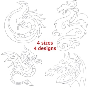 May include: Four line art dragon designs in various poses. The dragons are outlined in black and are set against a white background. The text "4 sizes 4 designs" is in red.