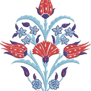 May include: Embroidered floral design featuring red tulip-like flowers, a central red flower, and small blue flowers. The stems and leaves are light blue, with purple accents. The design is symmetrical and detailed.