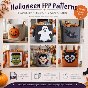 Puede incluir: Un conjunto de patrones digitales titulado Halloween FPP Patterns con seis diseños de patchwork en papel para bloques espeluznantes. Cada bloque viene en cuatro tamaños: 8, 10, 12 y 15 pulgadas. Incluye instrucciones paso a paso y una guía.