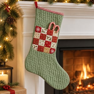 Nähanleitung für einen Weihnachtsstrumpf (PDF), gesteppter Patchwork-Strumpf mit Süßigkeitentasche und FPP-Sternenblock, Foundation Paper Piecing