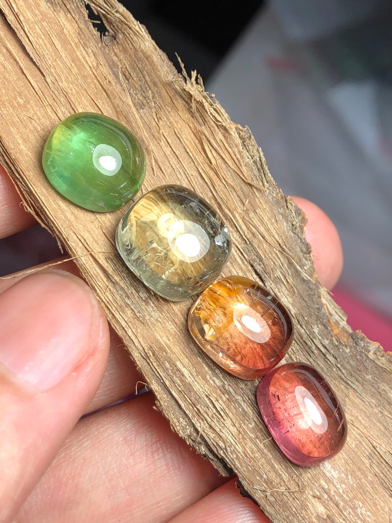 K&ouml;nnte beinhalten: Vier ovale Edelsteine in verschiedenen Farben, darunter Gr&uuml;n, Gelb, Orange und Pink, werden auf einem St&uuml;ck Holz pr&auml;sentiert.