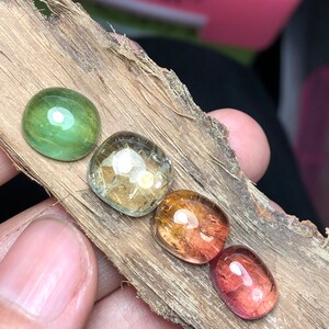 K&ouml;nnte beinhalten: Vier ovale Edelsteine in verschiedenen Schattierungen von Gr&uuml;n, Gelb, Orange und Rot. Die Steine sind in einer Reihe auf einem St&uuml;ck Holz angeordnet.