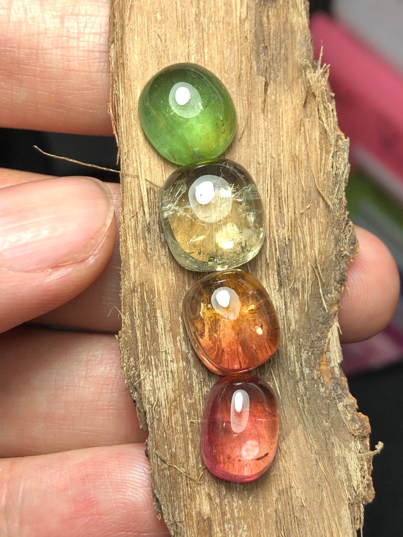K&ouml;nnte beinhalten: Vier ovale Edelsteine in verschiedenen Schattierungen von Gr&uuml;n, Gelb, Orange und Rosa. Die Steine sind vertikal auf einem St&uuml;ck Holz angeordnet.