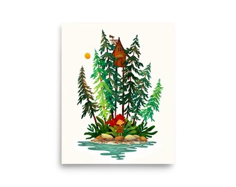 May include: A whimsical illustration of a forest scene with a small figure standing near a body of water. The artwork features a treehouse nestled among tall green trees, a bright yellow sun, and a serene water scene. The overall color palette is vibrant and inviting.