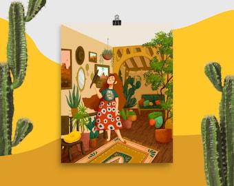 Southwest maximalist room décor illustrated art poster, Colorful western portrait design, plant lover art