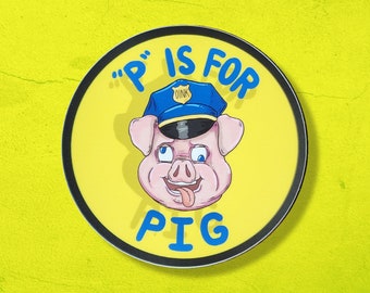 P is for Pig - Cartoon Pig Police Sticker - Cute Educational for Kids' Learning - Animal Alphabet Design Weatherproof Vinyl Sticker