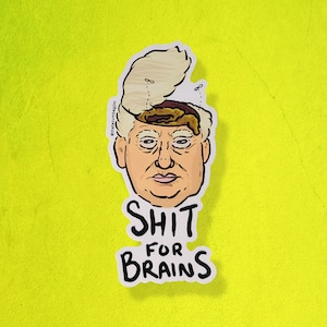 May include: A sticker featuring a cartoon illustration of a man's head with the top of the head open, revealing a brown substance. The text "SHIT FOR BRAINS" is below the head in a bold font. The background is a bright yellow.