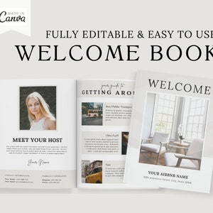 May include: A welcome book for Airbnb guests with a white cover and black text. The book includes information about the host, getting around the area, and the Airbnb's name and address. The book is open to show the inside pages, which include a photo of the host, a map, and a photo of the Airbnb's living room.