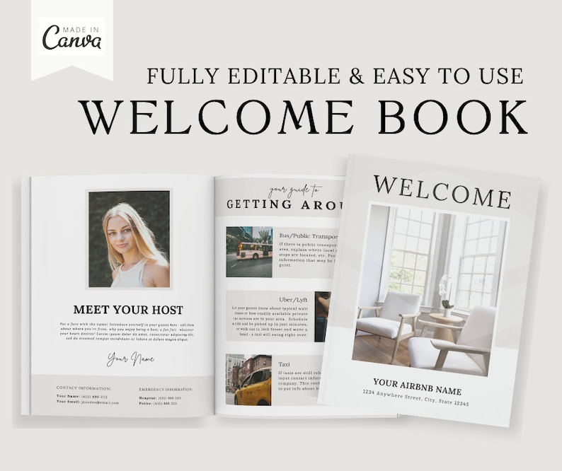 May include: A welcome book for Airbnb guests with a white cover and black text. The book includes information about the host, getting around the area, and the Airbnb's name and address. The book is open to show the inside pages, which include a photo of the host, a map, and a photo of the Airbnb's living room.