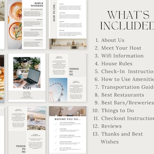 May include: A list of what's included in a guide for guests staying at a vacation rental. The list includes information about the hosts, wifi, house rules, check-in instructions, amenities, transportation, restaurants, bars, things to do, checkout instructions, reviews, and thanks and best wishes.