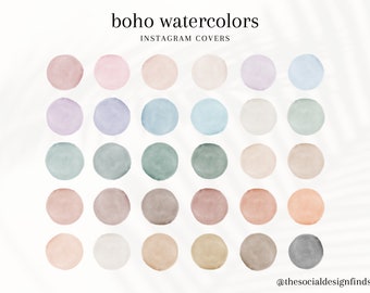 May include: A set of 25 watercolor circles in various shades of pink, purple, blue, green, brown, and gray. These circles are perfect for creating Instagram story covers or other digital designs.