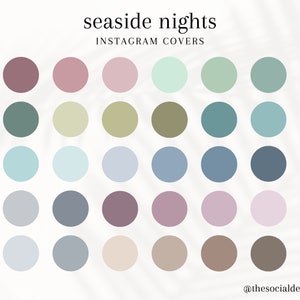 May include: A color palette of 25 circles in various shades of blue, green, brown, pink, and beige. The colors are arranged in a grid of five rows and five columns. The text "seaside nights" and "INSTAGRAM COVERS" is at the top of the image. The text "@thesocialdesignfinds" is at the bottom of the image.