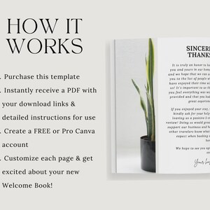 May include: A how-to guide for creating a welcome book for guests. The guide includes four steps: purchase the template, receive a PDF with download links and instructions, create a free or pro Canva account, and customize each page. The guide also includes a thank you note to guests.