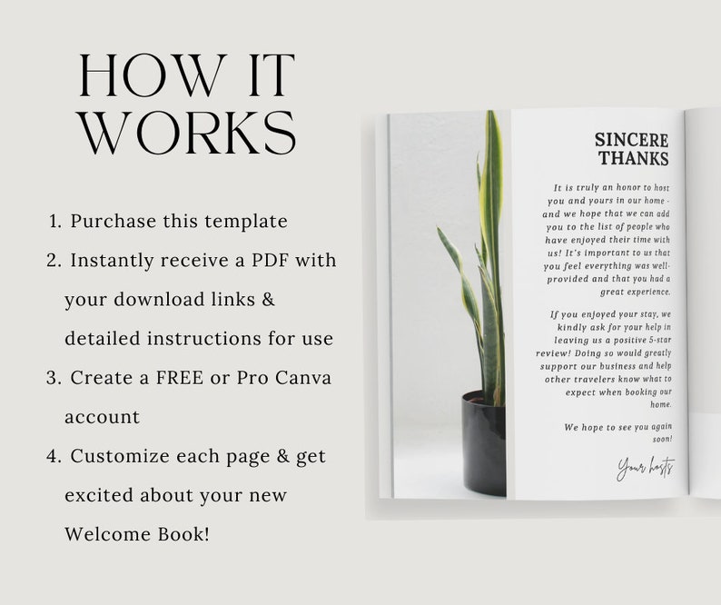 May include: A how-to guide for creating a welcome book for guests. The guide includes four steps: purchase the template, receive a PDF with download links and instructions, create a free or pro Canva account, and customize each page. The guide also includes a thank you note to guests.