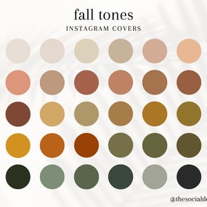 Op de afbeelding: Een verzameling Instagram cover highlight-pictogrammen in verschillende herfstkleuren. Het kleurenpalet omvat tinten beige, perzik, bruin, goud en groen. Bovenin staat de tekst "fall tones Instagram covers". De rechterbenedenhoek heeft de tekst "@thesocialdesignfinds".