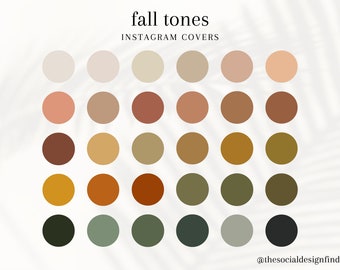 May include: A collection of Instagram cover highlight icons in a variety of fall-themed colors. The color palette includes shades of beige, peach, brown, gold, and green. Text at the top reads "fall tones Instagram covers". The bottom right corner has the text "@thesocialdesignfinds".