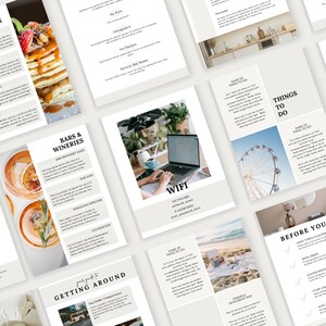 May include: A set of printable travel guides with a minimalist design. The guides include information on restaurants, bars, things to do, and getting around. The guides feature images of food, drinks, a Ferris wheel, and a laptop.