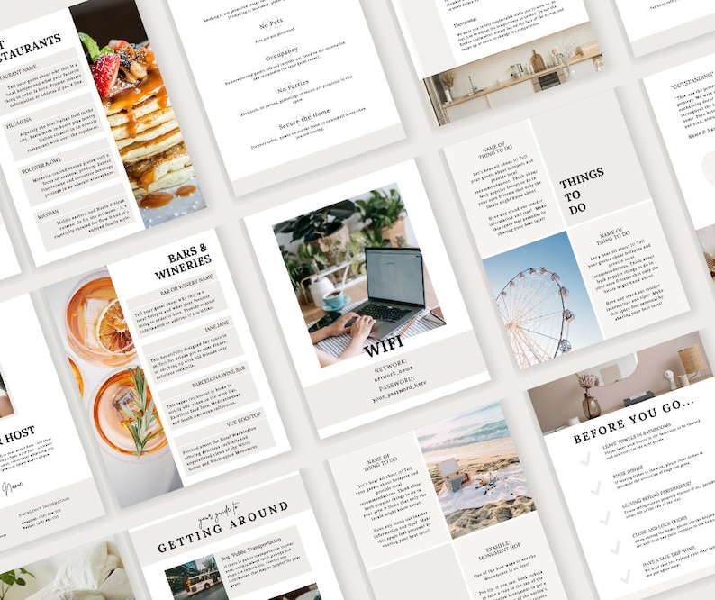 May include: A set of printable travel guides with a minimalist design. The guides include information on restaurants, bars, things to do, and getting around. The guides feature images of food, drinks, a Ferris wheel, and a laptop.