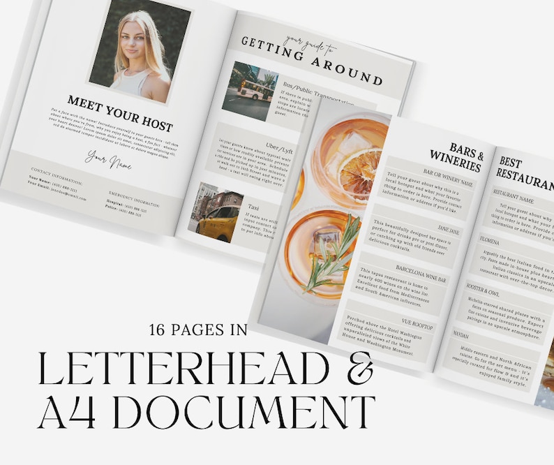 May include: A 16-page guide to getting around a city, with information on transportation, bars, wineries, and restaurants. The guide features a modern design with a beige background and black text.