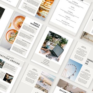 May include: A guide to getting around a city with information about transportation, wifi, things to do, and bars and wineries. The guide is printed on white paper with a beige background.