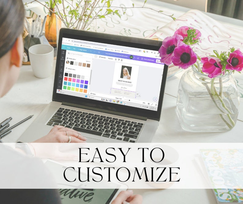 May include: A person customizing a digital design on a laptop computer. The design features a photo of a woman and the text "Save Your Money". The laptop is on a white desk with a vase of pink flowers.
