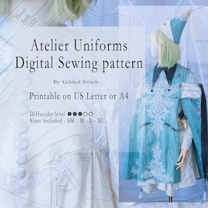 May include: Atelier Uniforms Digital Sewing pattern by Gilded Stitch, printable on US Letter or A4. The image shows a mannequin wearing a teal cape with white floral embroidery, a dark collar, and a matching pointed hat, overlaid with pattern lines.
