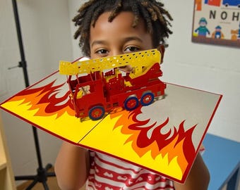 Fire Truck Pop-Up Card – Dalmatian Driver with Flames, Handmade Heroic Greeting for Kids & Celebrations