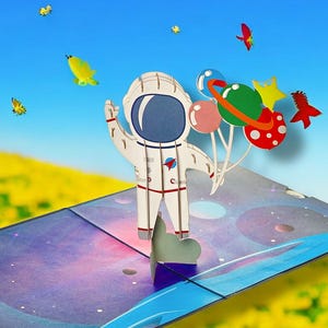 ASTRONAUTEN GEBURTSTAG Pop-Up Karte - Weltall Liebhaber Karte - 3D Weltraum - NASA Karte - Raumfahrer mit Luftballons - Happy Birthday Astronaut
