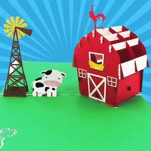 Tarjeta desplegable FAMILY FARM - Tarjeta de granero rojo en 3D - Tarjeta de granero de vacas y gallinero - Tarjeta de cumpleaños de granja para niños - Tarjeta de torre de molino de viento - Días felices