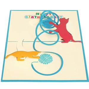 Carte de joyeux anniversaire CATS & YARN - Anniversaire de chatons espiègles - Jolie carte pour les amoureux des chats - Carte pop-up chats et ficelle - Carte d'anniversaire parfaite