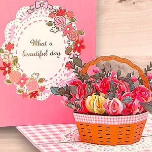 Cartão pop-up CESTA DE ROSAS - Que dia lindo - Cartão de felicitações floral feito à mão em 3D - Buquê de rosas - Cartão de dia das mães - Mês de aniversário de junho