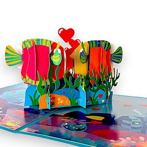 KISSING FISH Pop Up Card - Karta 3D z rybami tropikalnymi - Karta z rybami akwariowymi - Karta z oceaniczną miłością - Karta z rybami głębinowymi walentynkowymi - Karta 3D rocznicowa